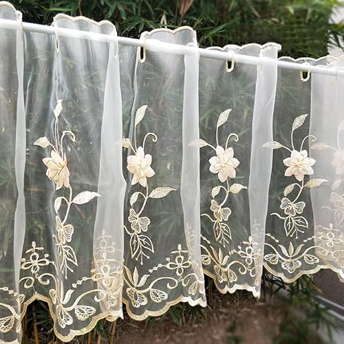 Devola Romantisch Pastorale Scheibengardine transparent Glasgarn Flächenvorhang Dreidimensionale Blumenstickerei Kurzgardine Kurzer Küchenvorhang Cáfe Gardine Kurzstore BxH 350x44cm Weiß 1er Pack von Devola