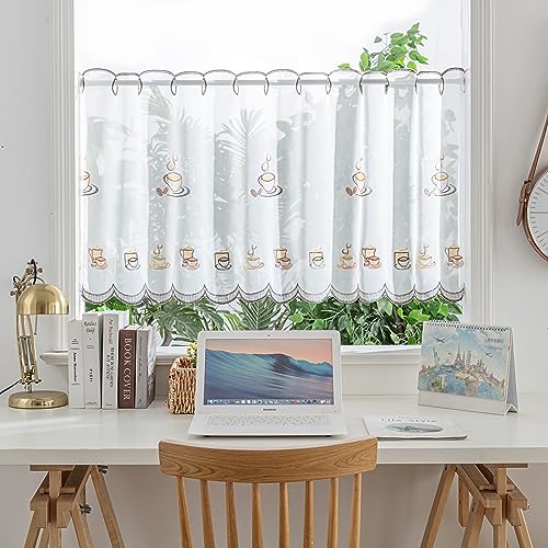 Devola Scheibengardine Lochleiste Kurzgardine Stickere Bistrogardine Transparent Küchengardinen Modern Kurzstore Wohnzimmer HxB 30x120cm Kaffeemuster 1 Stück von Devola