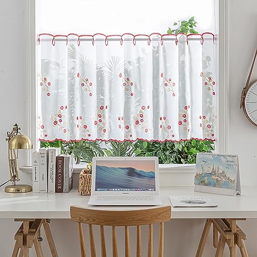 Devola Scheibengardine Lochleiste Kurzgardine Stickere Bistrogardine Transparent Küchengardinen Modern Kurzstore Wohnzimmer HxB 30x90cm Blumenmuster 1 Stück von Devola