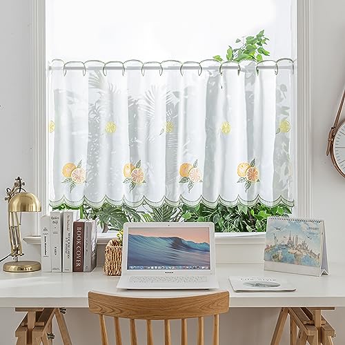 Devola Scheibengardine Lochleiste Kurzgardine Stickere Bistrogardine Transparent Küchengardinen Modern Kurzstore Wohnzimmer HxB 30x90cm Orangemuster 1 Stück von Devola