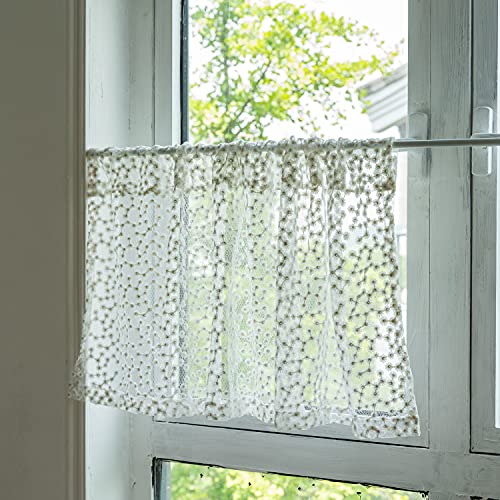 Devola Scheibengardine Spitze Landhaus Bistrogardine Transparent kurzgardine mit Gänseblümchen Stickerei Fensterdekoration Küchengardine kurzstore mit stangendurchzug HxB 45x132cm Weiß 1er Pack von Devola