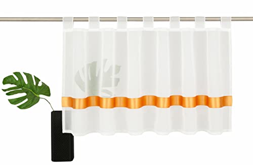 Devola Scheibengardine Transparent Voile Fenstergardinen Schlaufen-Kurzstore Küchen Flächenvorhang Moderne Bistrogardinen Kurzgardine mit Satinband HxB 30x120cm Orange 1er Pack von Devola