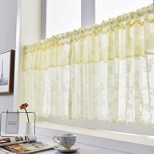 Devola Scheibengardine mit Blumen Kurzgardine Landhaus mit Spitze Kurzstore Gardinen Bistrogardine Transparent Kurze Vorhänge Landhausstil Küchenvorhang BxH 100x60cm Gelb 1 Stück von Devola