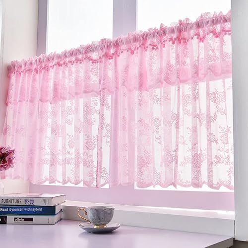 Devola Scheibengardine mit Blumen Kurzgardine Landhaus mit Spitze Kurzstore Gardinen Bistrogardine Transparent Kurze Vorhänge Landhausstil Küchenvorhang BxH 100x60cm Rosa 1 Stück von Devola