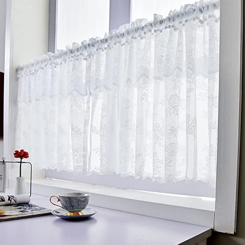 Devola Scheibengardine mit Blumen Kurzgardine Landhaus mit Spitze Kurzstore Gardinen Bistrogardine Transparent Kurze Vorhänge Landhausstil Küchenvorhang BxH 150x60cm Weiß 1 Stück von Devola