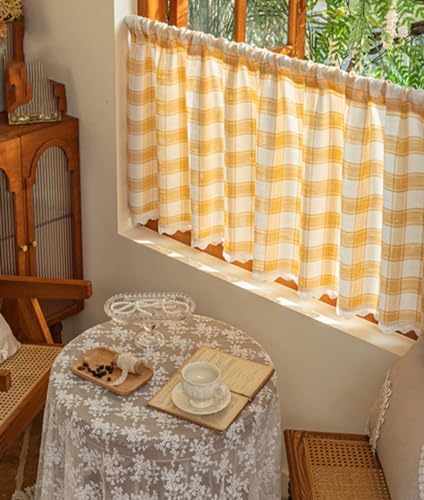 Devola Scheibengardinen Kariert Landhausstil Bistrogardine Karo Küchengardinen mit Spitze Kurzstore mit Stangendurchzug Kurzgardine Blickdicht Gardine Privatsphäre HxB 45x90cm Gelb 1 Stück von Devola