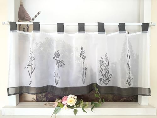 Devola Scheibengardinen Stickerei Kurzgardine mit Schlaufen Landhaus Küchengardine Blumen Gardine Kurz Transparent Cáfe Gardine HxB 60x90cm Grau 1 Stück von Devola