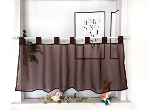 Devola Scheibengardinen Voile Kurzgardine mit Schlaufen Modern Bistrogardine Transparent Fenstervorhang Kurz Gardine Einfarbig Fenstergardinen Küche HxB 30x90cm Braun 1 Stück von Devola