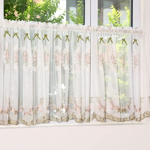 Devola Voile Scheibengardinen Pastorale Art Gardine Romantisch Blumenmuster Stickerei Bistrogardine Transparent Kurzgardine mit Schleife Design Heimdekoration Vorhänge BxH 150x90cm Weiß 1er Pack von Devola