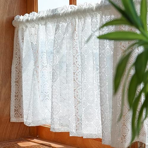 Devola scheibengardine Jacquard gardinen mit Blumenmuster spitzengardinen Vintage kurz bistrogardine mit aushöhlen transparent Küchenvorhang Amerikanische Retro-Kurzgardine BxH 120x50cm Weiß 1er Pack von Devola