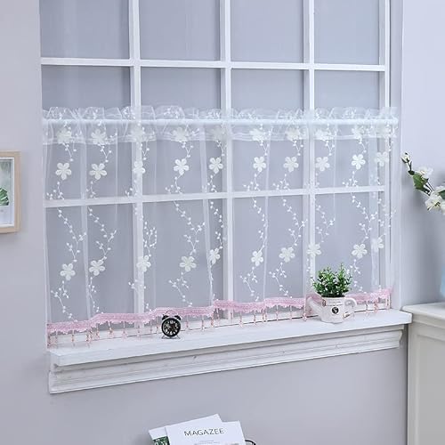 Devola transparente Garn Scheibengardine Blumenmotiv Stickerei Bistrogardine Spitze Kurzgardine mit Quaste Landhaus Flächenvorhang Küchengardine Elegant Heimdekoration BxH 100x45cm Weiß 1er Pack von Devola