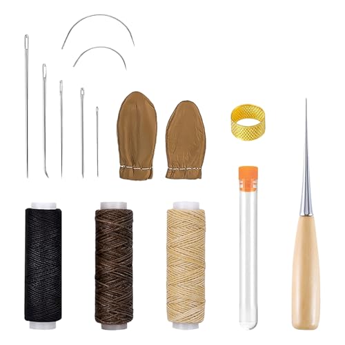 15 Stück Leder Nähset, Leder Nähnadeln Werkzeug Set, Lederhandwerk mit Nähnadeln, Ledernähwerkzeugen, Gewachstem Faden, Nähahle und Fingerhut aus Messing, für Teppiche Ledertaschen Polsterarbeiten von Dewfigs ㅤ