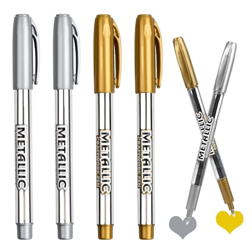 4 Stück Gold Silber Metallic Marker Stifte Set, Goldstift Glänzende Highlight Marker Stifte, 1.5 mm Feine Spitze Permanente Acrylmarker für Kartenherstellung, Malerei, Album, DIY Basteln, Dekorationen von Dewfigs ㅤ