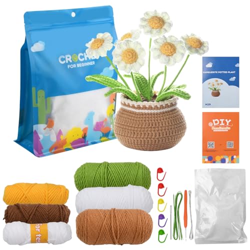 Dewocke Häkeln Für Anfänger, Häkelpaket für Erwachsene, Häkelpflanzen Starter Set, Stricken Set Blumen Gänseblümchen mit Häkelnadeln Garn Polyesterfaserfüllung Handnähnadel Stichmarkern Anleitung von Dewocke