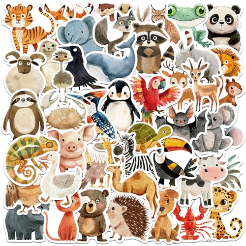 Dewocke Tier Sticker Set für Kinder, 50 Unikate Illustration Tiere Aufkleber, Belohnungsaufkleber, Vinyl Wasserfest & Robust, Universal für Laptop, Wasserflasche, Skateboard, Auto & mehr von Dewocke