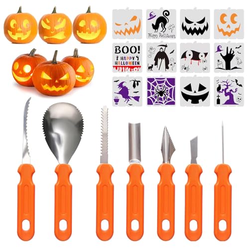 Dfuqanb 7 Stück Halloween Kürbis Schnitzset, 12 Stück Carving-Schablonen, Kürbis Schnitzset mit Vorlagen, Kürbis Schnitzen Set, Halloween Kürbis Schnitzwerkzeug Carving Set, für Kinder und Familie von Dfuqanb