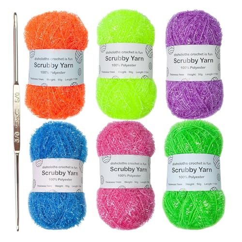 6 Rollen Scrubby-Garn, Häkelgarn-Set, 100 % Polyester-Garn zum Häkeln, Multipack-Starter-Set, luxuriöses Regenbogen-Wollgarn, auffällig und lebendig für Strick- und Häkelprojekte von Dgayaeic