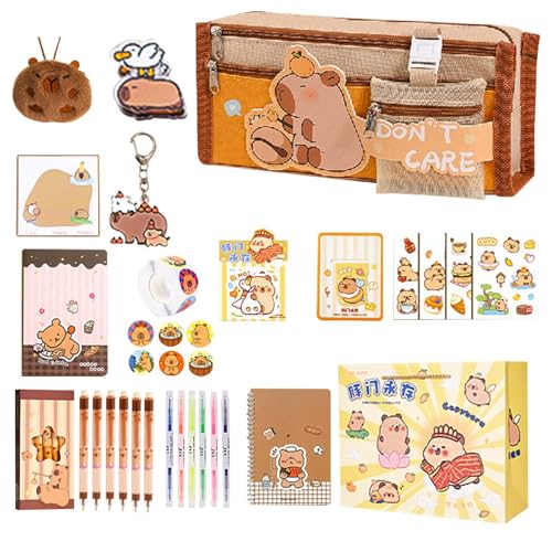 Capybara Schreibwaren-Set, niedliches Schreibwaren-Set enthält Capybara-Notizbücher, Haftnotizen, Aufkleber und Federmäppchen, Schulanfang, geräumig, mehrlagig, 22 x 10 x 6 cm, tolles Geschenk für von Dgayaeic