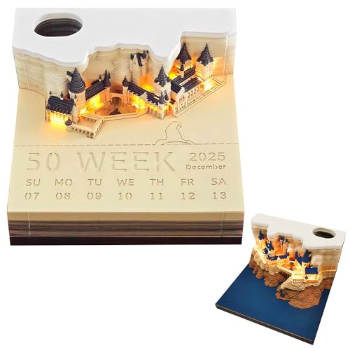 Dhqkqg 3D Kalender 2025, 2025 3D Tischkalender-Notizblock, Magic Castle 3d-Notizblock mit Licht, Kreative 3d-Notizblock, Papierskulptur Desktop Ornament, für Büro, Zuhause, Ornamente, Schreibtisch von Dhqkqg