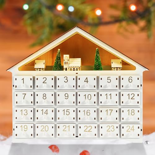 Dhqkqg Weihnachten Adventskalender zum Befüllen Holz mit LED, Adventskalender zum Befüllen Kinder, 2025, Adventskalender aus Holz mit 24 Schubladen, Adventskalender Holz zum befüllen, weiß von Dhqkqg