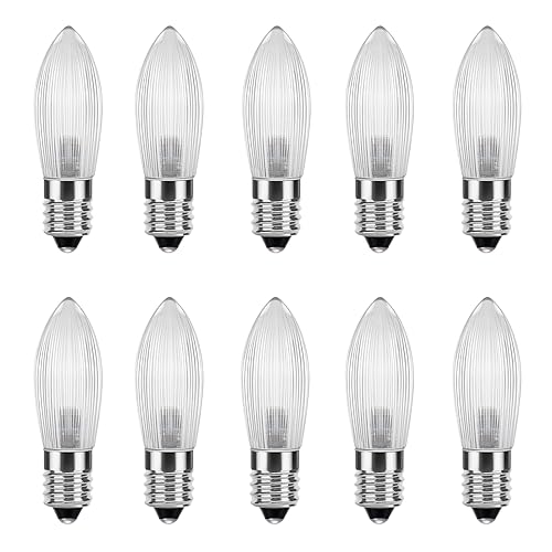 DiCUNO E10 LED Riffelkerze, 10x Spitzkerze für Schwibbogen, LED Ersatzbirne 0.2W ersatz 1W Topkerze, warmweiß 2300K, 5-55V, für Lichterbogen, Adventsleuchter, Lichterkette von DiCUNO