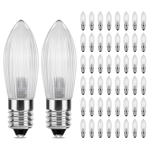 DiCUNO E10 LED Riffelkerze, 50x Spitzkerze für Schwibbogen, LED Ersatzbirne 0.2W ersatz 1W Topkerze, warmweiß 2300K, 5-55V, für Lichterbogen, Adventsleuchter, Lichterkette von DiCUNO