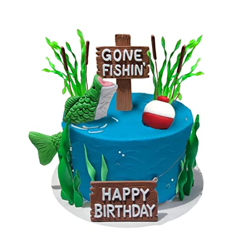 Fishing Cake Topper Gone fishing Cake with Bass Reed Happy Birthday Schild von DiDida