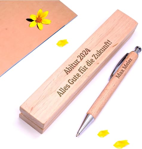 Diamandi Holz-Kugelschreiber mit Gravur inkl. Etui - Personalisiert mit Name oder Spruch - Holz Stift als Geschenk-Idee zur bestandenen Prüfung, Schulabschluss, Geburtstag (Holzstift-Abitur) von Diamandi