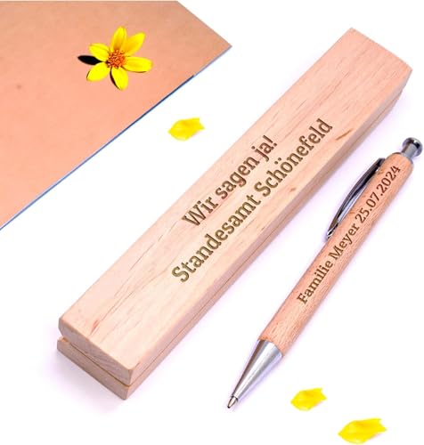 Diamandi Holz-Kugelschreiber mit Gravur inkl. Etui - Personalisiert mit Name oder Spruch - Holz Stift als Geschenk-Idee zur bestandenen Prüfung, Schulabschluss, Geburtstag (Holzstift-Hochzeit) von Diamandi