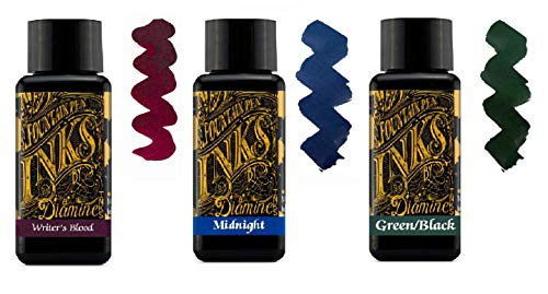 Diamine Tinte für Füllfederhalter, 30 ml, 3 x Flaschen – Writers Blood & Midnight Blue & Green Black von Diamine