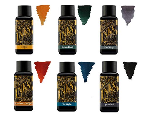 Diamine Tinte für Füllfederhalter, 30 ml, Basisfarbe, 6 Flaschen, Sepia, Green Black, Earl Grey, Ancient Copper, Twilight, Jet Black von Diamine