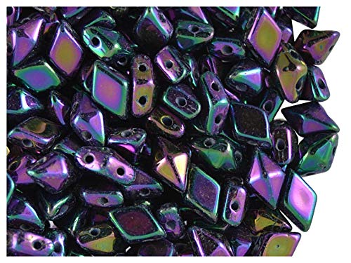 DiamonDuo Beads 30stk Tschechische gepresste Glasperlen in Form eines Diamanten Größe 5x8mm mit Zwei Löchern, Jet Purple Iris von DiamonDuo Beads