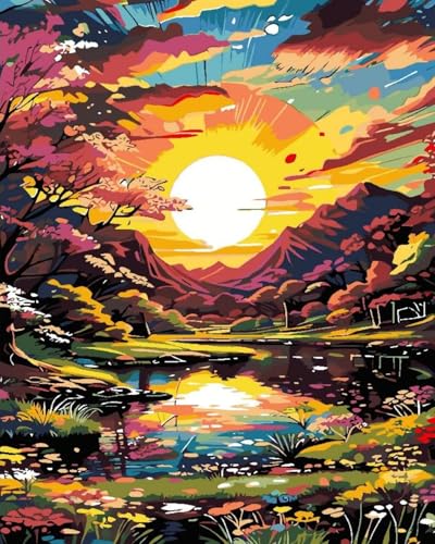 Fan House Malen Nach Zahlen Erwachsene -Wald-Sonnenuntergang- DIY Ölgemälde Leinwand Set mit 4 Pinsel und Acrylpigment für Home Deko Geburtstag Weihnachten Geschenk - 40 x 50 cm (Ohne Rahmen) von Diamond Painting Fan House