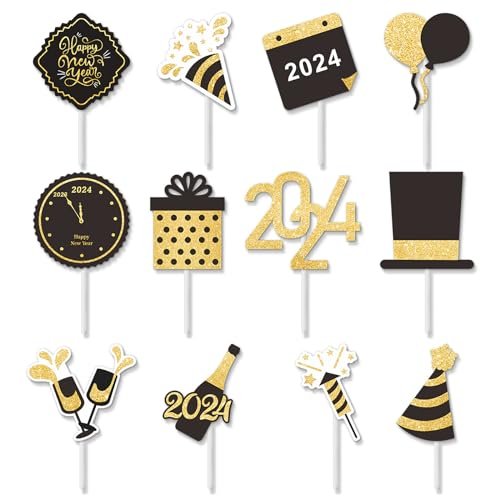 24 Stück Happy New Year Kuchen Cupcake Topper Glitzer 2024 Neujahr Cupcake Topper 2024 Gold Schwarz Cupcake Topper Prost bis 2024 Kuchen Picks für Silvester Party Dekoration von DianZiShan5