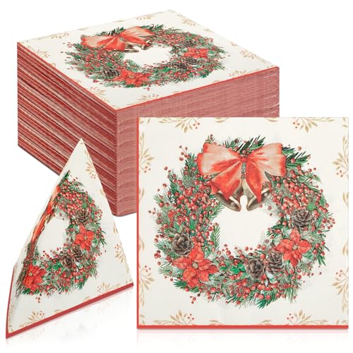 Dianelhall 80 Stück Weihnachten Servietten mit Beerenkranz 33 x 33 cm Einweg Papierservietten Dekorative Weihnachtsservietten Weihnachten Papierservietten für Abendessen Gäste Buffet Winter Party von Dianelhall