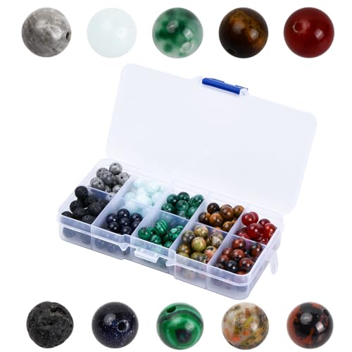 200 Stück Runde Steinperlen 8mm Edelsteinperlen Lose Spacer Perlen Runde Lose Perlen Natürliche Edelsteine Energie Perlen mit Box für Armbänder Halsketten Ohrringe Schmuckherstellung (10 Farben) von Dibotell