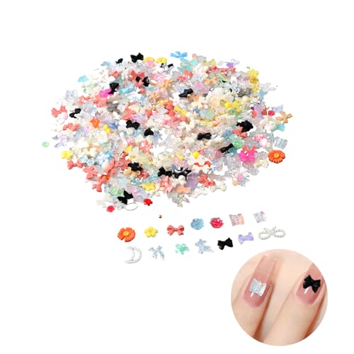 500 Stück Nail Art Dekoration,3D Nageldekorations Sets,Aurora Nagelanhänger mit Schleife,Buntes Bär Schmetterlings Nagelzubehör,Niedlicher Kunstharz Nagel Strassstein for Manicure DIY Crafts von Dibotell