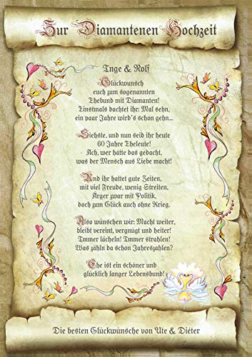 Die Staffelei Glückwunschkarte Diamantene Hochzeit Urkunde A4 / Witziges Gedicht auf hochwertigem Papier/besondere Geschenkidee zur Hochzeit von Die Staffelei