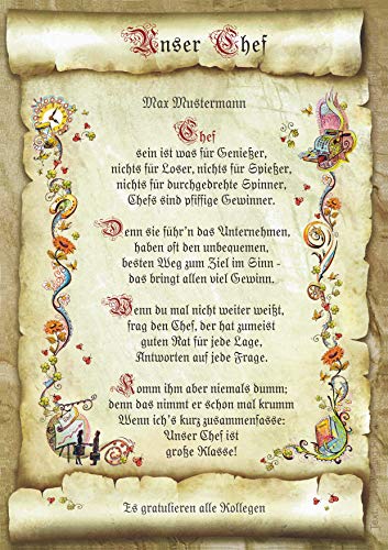 Die Staffelei Glückwunschkarte Chef Urkunde A4 / Witziges Gedicht auf hochwertigem Papier/besondere Geschenkidee für den Chef von Die Staffelei