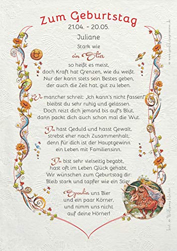 Die Staffelei Geschenkkarte für das Sternzeichen Stier Urkunde A4 / Witziges Gedicht auf hochwertigem Papier/besondere Geschenkidee für den Stier von Die Staffelei