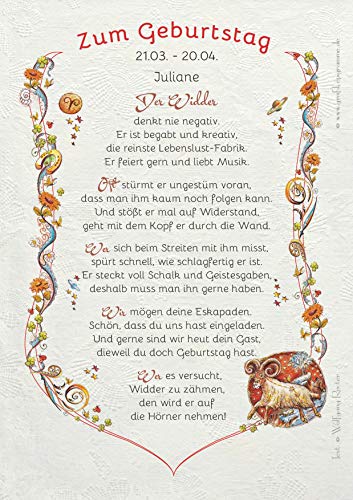 Die Staffelei Geschenkkarte für das Sternzeichen Widder Urkunde A4 / Witziges Gedicht auf hochwertigem Papier/besondere Geschenkidee für den Widder von Die Staffelei