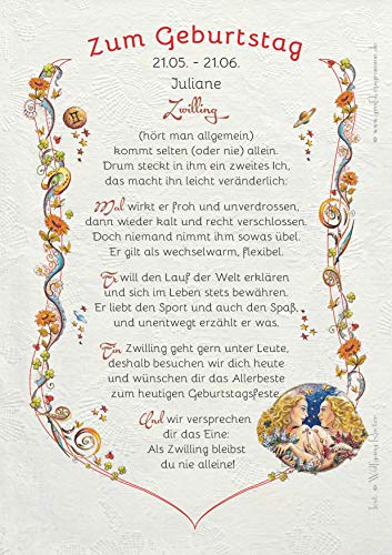 Die Staffelei Geschenkkarte für das Sternzeichen Zwiliinge Urkunde A4 / Witziges Gedicht auf hochwertigem Papier/besondere Geschenkidee für die Zwillinge von Die Staffelei