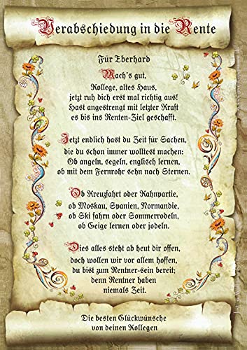 Die Staffelei Geschenkkarte Rente Urkunde A4 / Witziges Gedicht auf hochwertigem Papier/besondere Geschenkidee zur Verabschiedung in die Rente von Die Staffelei