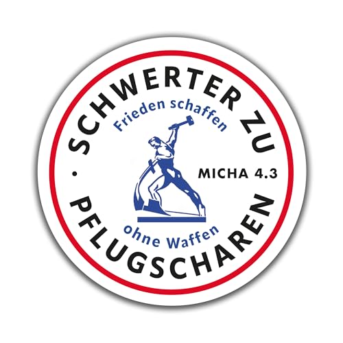 Die Staffelei Sticker „Schwerter zu Pflugscharen - Frieden schaffen ohne Waffen“ / selbstklebende Aufkleber in verschiedenen Ausführungen mit Infokarte (5 Stück bunt, 5cm) von Die Staffelei