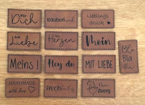 Handmade Label | Labels Kunstleder | witzige Sprüche und Motive | rechteckig | 44x24 mm | hellbraun (Frechdachs) von Die Stofftante