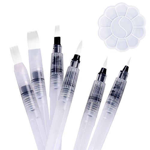 6 Stück Wasserpinsel Stifte bei DigHealth, Water Brush Pen mit Befüllbarer Wassertank, Wasserpinsel Aquarellfarben mit Tray Mischpalette in Blumenform, Fine Point Pinsel Flachpinsel Tip Zeichnen Set von DigHealth