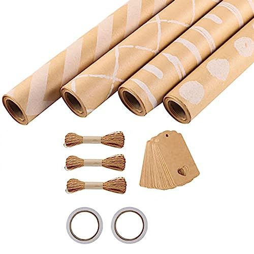 Diggtor 4 Rollen Geschenkpapier, Papierhochzeits-Geschenkpapierrolle 43 X 300 Cm/Rolle Geschenkpapier-Set mit 2 Klebebändern, 3 Seilen und 20 Kraftpapieranhängern von Diggtor