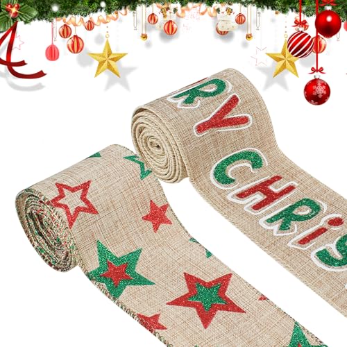 2 Rollen 5m Weihnachtsband, elegantes Jute-Weihnachtsbaumband, 6cm breite Weihnachtsbänder für DIY Craft Haarband Geschenkverpackung Weihnachtsdekorationen (B) von DiiWmme