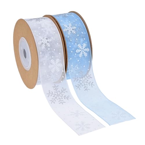 2 Rollen 9,1 m Weihnachtsband, blau und weiß, Schneeflockenband für Geschenkverpackungen, Weihnachtsgeschenke, dekorative Bänder für Weihnachtsgeschenke, Verpackung, Kuchen, Basteln, Dekoration von DiiWmme