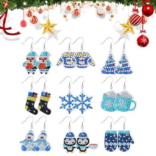 9 PCs 5d Diamond Painting Ohrringe DIY Diamant Malmale Ohrringe Kit mit Vollbohrer DIAMENT- und Weihnachtsmuster -Ohrring -Kit für Erwachsene Anfänger (Blau) von DiiWmme